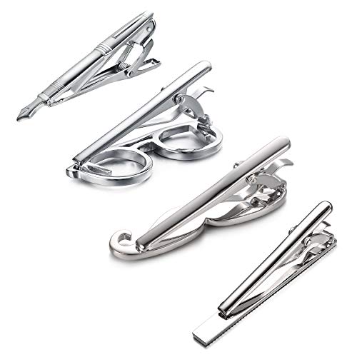 Yoursfs 4 Pcs Funny Tie Clips Set For Men Unique Stainless Steel Eye Glasses/Ruler/Pen/Mustache Tie Clips Personalized Jewelry - style: 4 Pcs Tie Clips Set