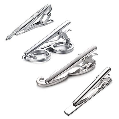 Yoursfs 4 Pcs Funny Tie Clips Set For Men Unique Stainless Steel Eye Glasses/Ruler/Pen/Mustache Tie Clips Personalized Jewelry - style: 4 Pcs Tie Clips Set