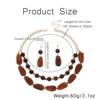 Layered Beaded Necklace and Earring Set Acrylic Beads Necklace Set Bohemian Chunky Jewelry Set for Women Beach - color: Brown