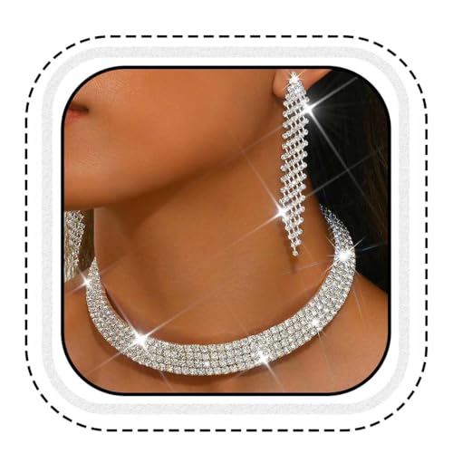 Rhinestone Bridal Wedding Jewelry Sets Silver Choker Necklace Earrings Set Prom Formal Costume Jewelry Set for Women and Brides - color: Silver