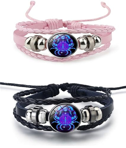 2Pcs Twelve Zodiac Leather Bracelet - Adjustable Zodiac Jewelry Accessory - color: Cancer