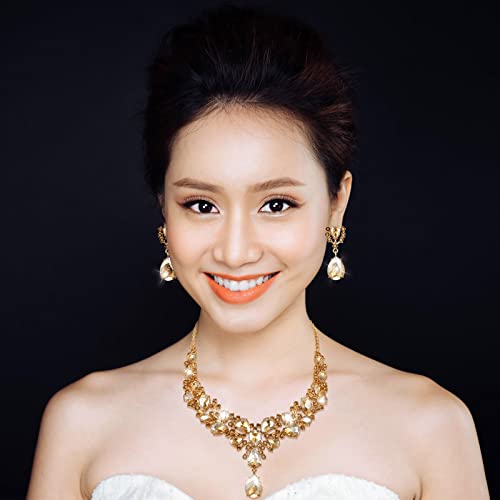 Hicarer Bridal Teardrop Cluster Crystal Jewelry Set for Women Necklace Earrings Wedding - color: Gold