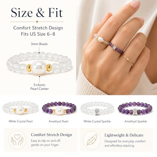 4Pcs Crystal and Amethyst Beaded Ring Set for Women, Handmade Stackable Stretch Rings with Pearl Accent, Dainty Gift Jewelry
