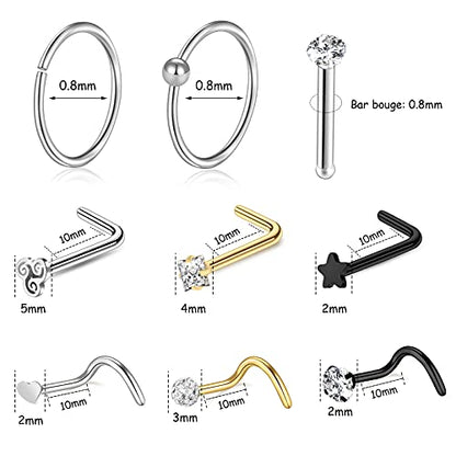 35-70 PCS 18G 20G Nose Rings for Women & Men - Gold Hoops, L Shape, Studs & Screw - 316L Surgical Stainless Steel - color: Color C-40pcs
