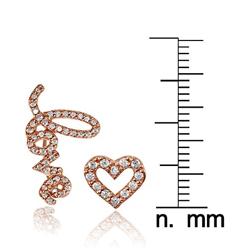 Hoops & Loops 925 Sterling Silver Cubic Zirconia Heart Stud & LOVE Climber Crawler Earrings Set for Women, 2 Pairs Silver, Yellow & Rose Gold - color: Rose Gold