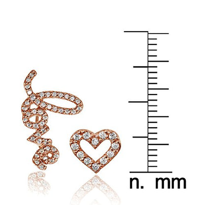 Hoops & Loops 925 Sterling Silver Cubic Zirconia Heart Stud & LOVE Climber Crawler Earrings Set for Women, 2 Pairs Silver, Yellow & Rose Gold - color: Rose Gold