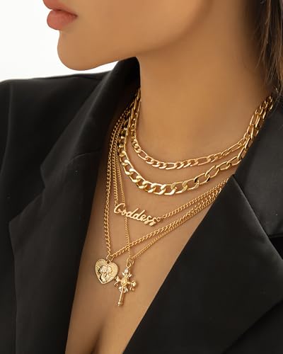 Gold Layered Necklaces for Women Chunky Layered Gold Link Chain Necklaces Trendy Paperclip Herringbone Toggle Clasp Necklace Statement Jewelry Accessories for Her - color: A6:heart goddess necklaces