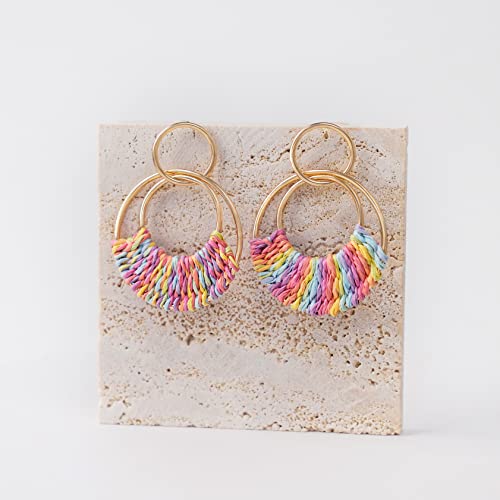 Raffia Hoop Earrings for Women Fun Boho Summer Beach Earrings Lightweight Handmade Straw Wicker Rattan Dangle Earrings Statement Geometric Round Drop Earrings - color: Colorful - Round