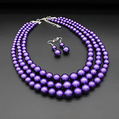 Chunky Layered Imitation Pearl Necklace for Women 3 strand Pearl Necklaces Faux Pearl Necklace Earrings Set 1920s Flapper Gatsby Costume Accessories - color: 3 strand pearl necklace Purple