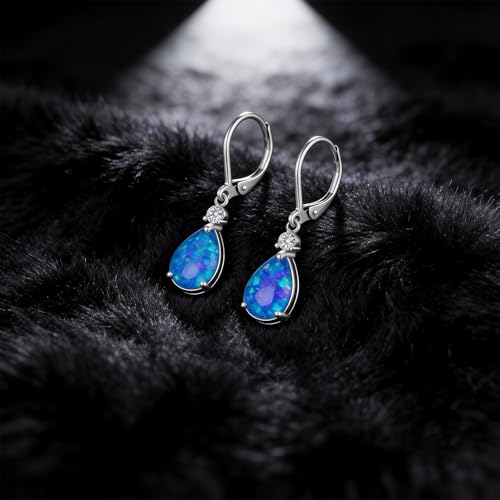 Dainty Opal Earrings for Women Sterling Silver Pear Oval Blue Opal Dangle Earrings Leverback Earrings Gold - color: leverback-blue