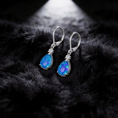 Dainty Opal Earrings for Women Sterling Silver Pear Oval Blue Opal Dangle Earrings Leverback Earrings Gold - color: leverback-blue