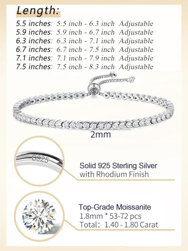 CYW 2mm/3mm All Moissanite Tennis Bracelet for Women, Solid 925 Sterling Silver, 5.5-7.5inch (14-19cm), with 2cm Adjustable Chain Extender, Birthday Anniversary Valentines Mothers Day Ideal Gift - color: 2mm - White Gold, size: 6.3 Inches