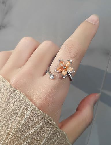Anxiety Rings for Women – Adjustable Flower Spinner Ring, Daisy & Sunflower Fidget Ring, Gold Plated Calming Jewelry - style: Style 02 Pair