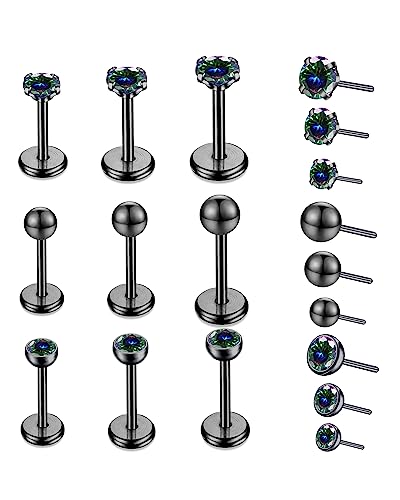 9pcs Threadless Push in Nose Rings Studs for Multiple Piercing,316L Surgical Stainless Steel Lip Rings Studs Labret Jewelry Cartilage Tragus Helix Earrings Studs Monroe Medusa Piercing Jewelry for Women Men - color: A3,18G Black(6mm)