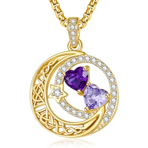 14K Gold Moon and Star Double Birthstone Necklace Gifts for Women | 2 Heart Birthstone Necklace,Mothers Day Wedding Anniversary Birthday Gifts for Wife Mom Daughter Grandma Sister - color: 02-06-Feb-Jun Birthstone