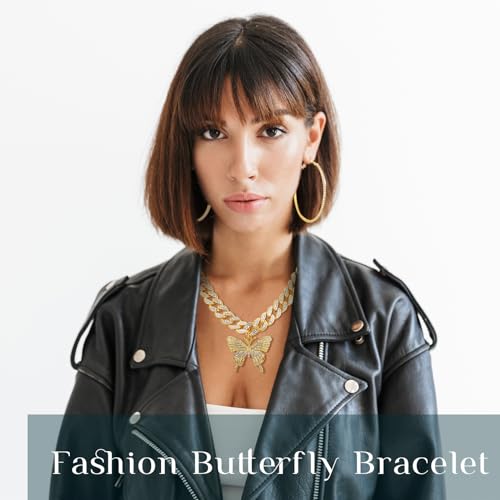 3 Pcs Butterfly Cuban Jewelry Set Cuban Link Chain Necklace for Women Rhinestone Pendant Necklace Bracelet Large Hoop - color: Gold, style: Classic