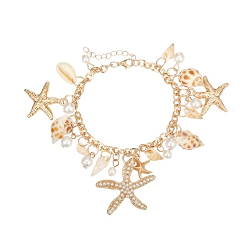 RUOFFETA Shell Starfish Necklace Bracelet Conch Statement Chunky Necklace Mermaid Costume Jewelry Beach Jewelry for Women - style: Anklet Gold