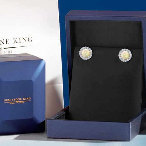 Gem Stone King 14K White Gold 6MM Round Gemstone Birthstone Stud Earrings with Removable Jackets and Lab Grown Diamond Accents | Gold Earrings For Women | Fine Jewelry Gift for Her Mom Women Wife - color: Ethiopian Opal-Cabochon-October