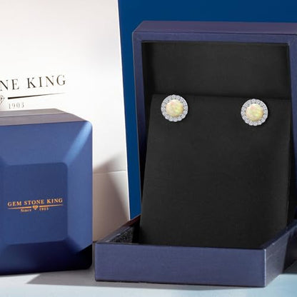 Gem Stone King 14K White Gold 6MM Round Gemstone Birthstone Stud Earrings with Removable Jackets and Lab Grown Diamond Accents | Gold Earrings For Women | Fine Jewelry Gift for Her Mom Women Wife - color: Ethiopian Opal-Cabochon-October