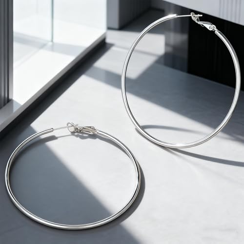 4 Pairs Silver Hoop Earrings for Women 30/40/50/60mm | Hypoallergenic, Stainless Steel, Big Thin Lightweight, Dangle Set - color: 4 Pairs Silver-30/40/50/60mm