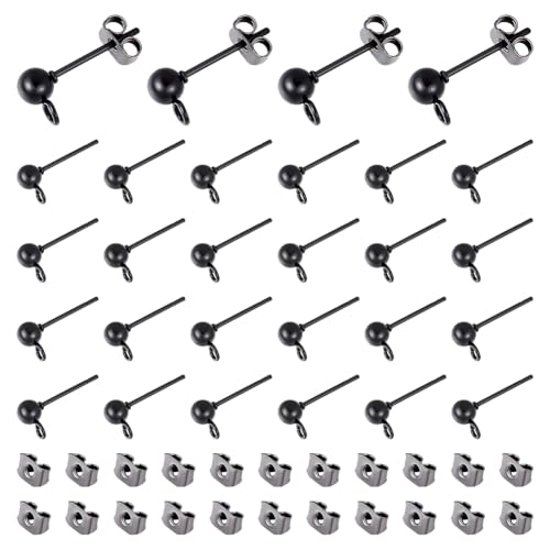 UNICRAFTALE About 30Pcs 304 Stainless Steel Stud Earring Findings Gunmetal Ball Post Stud Earrings with Ear Nuts and Loop Earring Findings Earrings Component for DIY Jewellery Making - color: Gunmetal