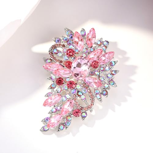 EVER FAITH Women's Austrian Crystal Wedding Flower Leaf Bouquet Brooch - color: Pink Silver-Plated-Base