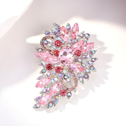 EVER FAITH Women's Austrian Crystal Wedding Flower Leaf Bouquet Brooch - color: Pink Silver-Plated-Base
