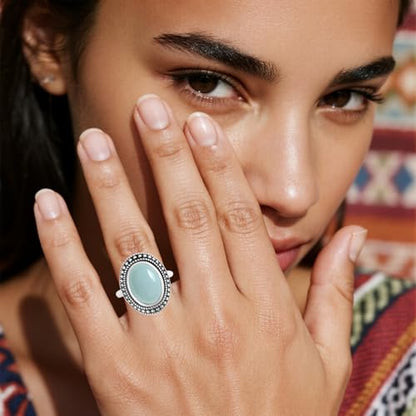Retro Sterling Silver Stone Ring,Antique Natural Real Oval Crystal Quartz Gemstone Boho Bohemian Ring Jewelry for Women - color: A16_Aquamarine