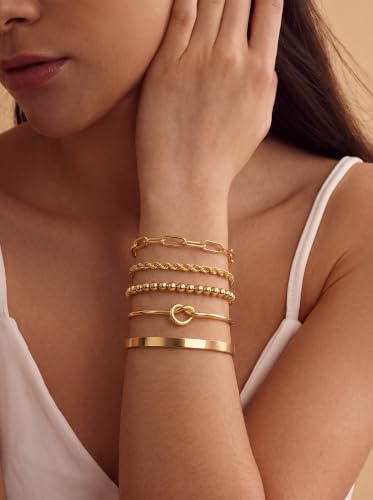 14K Gold Plated Stackable Bangle Bracelets Set for Women | Cuff Bracelet Stackable Bangles Bracelet for Women Trendy Fashion Accessories Tie Knot Cuban Rope Paperclip Beaded Bracelets - color: 5-layer A GD"
