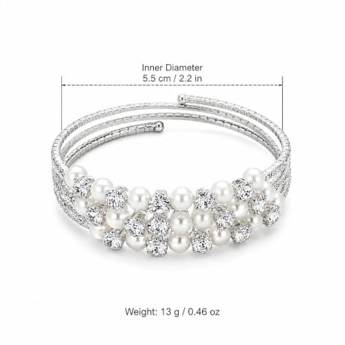 Gold Crystal Faux Pearl Beaded Bracelet for Women,Sparkling Rhinestone Layered Statement Cuff Bracelet Wedding Bridal Jewelry Accessories - color: Silver