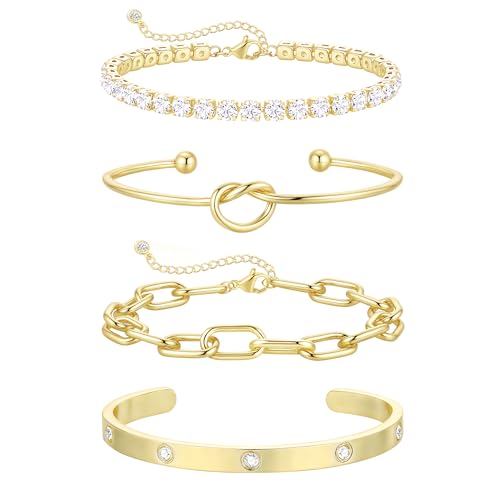 KOHOTA Chunky Gold Bracelets for Women Non Tarnish 14K Gold Plated Cuff Bracelet Stack Trendy Love Bangle Bracelets Stackable Tennis Bracelet Set Tie Knot Cuban Paperclip Figaro Chain Jewelry Gifts - color: D.Tie knot bangle