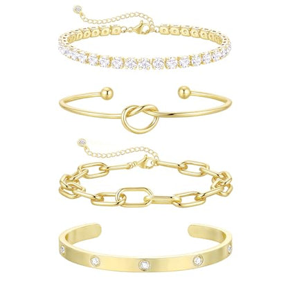 KOHOTA Chunky Gold Bracelets for Women Non Tarnish 14K Gold Plated Cuff Bracelet Stack Trendy Love Bangle Bracelets Stackable Tennis Bracelet Set Tie Knot Cuban Paperclip Figaro Chain Jewelry Gifts - color: D.Tie knot bangle