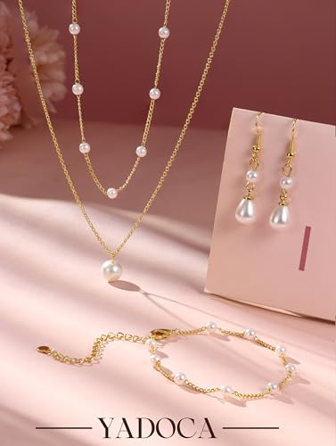 YADOCA Gold Pearl Jewelry Set for Women Bride Bridal Bridesmaid jewelry | 16K Gold Plated Pearl Layered Choker Necklace Earring Bracelets Set Dainty Wedding jewelry Set Gifts - style: Style-A