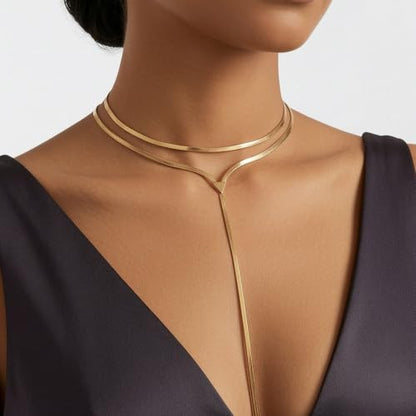 Chunky Gold Choker Necklace for Women, Double Layered Trendy Statement Y Necklace Long Snake Chain Drop Silver Necklaces Tassel Charm Prom Jewelry Accessories Gifts - color: 18K Gold