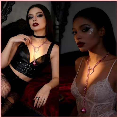 Slip Chain Choker for Women Handmade Black Stainless Steel Cuban Chain Chunky Moon Bat Raven Skull Pendant Gothic Punk Rock Collar Adjustable Lariat Y Necklace for Men - style: Pink bell