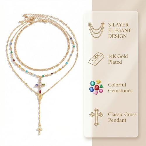 Gold Cross Layered Necklaces for Women,Colorful Crystal Drop Necklace,Gold Cross Pendant Necklace Stack,Fashion Long Tassel Chest Chain Jewelry Layered Rhinestone Neck Chain Accessories - color: Gold-2