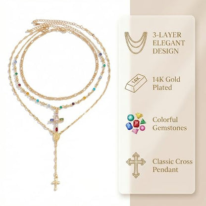 Gold Cross Layered Necklaces for Women,Colorful Crystal Drop Necklace,Gold Cross Pendant Necklace Stack,Fashion Long Tassel Chest Chain Jewelry Layered Rhinestone Neck Chain Accessories - color: Gold-2
