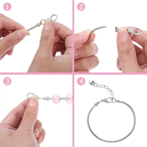 30 Pieces Adjustable Silver Snake Charm Bracelet Chains with Heart Lobster Clasp Extender DIY Jewelry Making Supplies for Women (7.87 Inch)