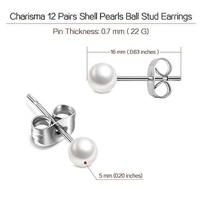 Charisma 5mm Composite Pearl Stud Earrings Round Ball Pearls Hypoallergenic 12 Pairs Imitation Pearl Earrings Set for Women