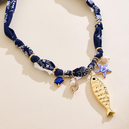 CLASSYZINT Scarf Necklace with Charms Heart Choker Necklace Shell Necklace Bandana Necklac Statement Choker Jewelry - color: Blue Fish Pendant