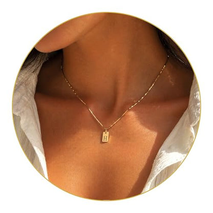 Initial Necklace in 18K Gold Plated, Personalized Engraved Letter Pendant, Gold Snake Chain, 6×10 mm Rectangle Charm for Women - color: H