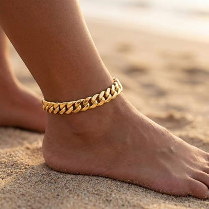 Width-12mm Chunky Cuban Link Ankle Bracelets for Women Waterproof, 18K Gold/Silver Plated Anklets Cubic Zirconia Adjustable Thick Chain Trendy Beach Summer Fashion Jewelry Gift - style: Style 1
