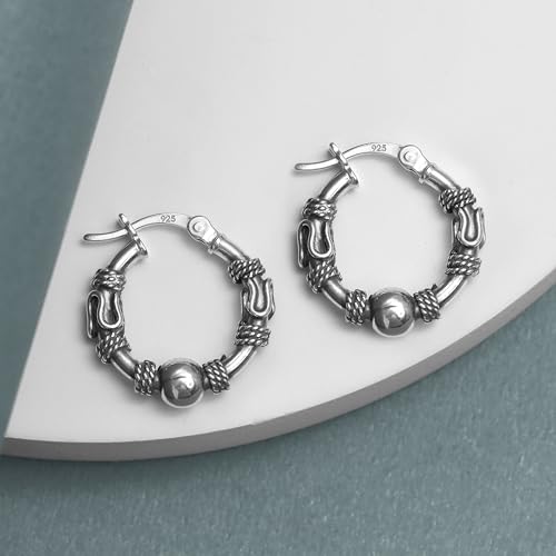 LeCalla 925 Sterling Silver Oxidized Balinese Hoops Earring Jewelry Small Antique Bali Beaded Hoop Earrings for Women - color: Bead Bali Design