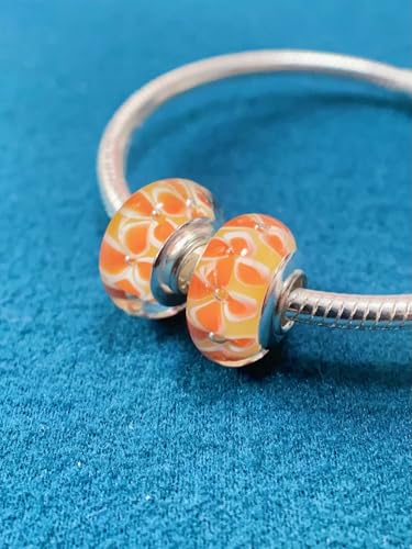 2pcs Authentic 925 Silver Murano Glass Flower Charms for Pandora Bracelets - color: 06-Orange flowers