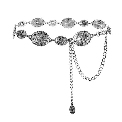 Jmkcoz Women Western Concho Chain Belt Silver Metal Oval Waist Chain Belt for Dresses Jeans Country Cowgirl - color: Silver