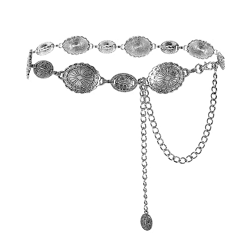 Jmkcoz Women Western Concho Chain Belt Silver Metal Oval Waist Chain Belt for Dresses Jeans Country Cowgirl - color: Silver