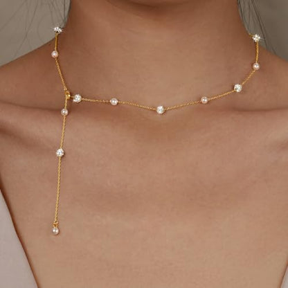 925 Sterling Silver Lariat Necklace for Women | Long 14K Gold Plated Y-Shaped Pearl Necklace CZ Crystal Ball Sparkle Necklace for Mother Daughter Bride Wedding Jewelry - color: Style 4-Gold