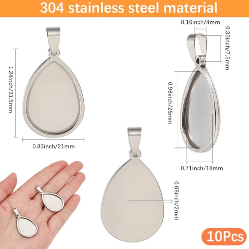 1 Box 10Pcs Silver Stainless Steel Cabochon Blanks Teardrop Bezel Pendant Trays Bulk Stylish Water Drop Shaped Bezel Pendant Trays for Jewelry Making Bracelet Necklace DIY Crafts Beginner - style: silver drop