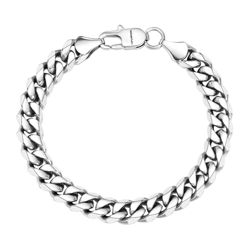 CaptainSteeL Cuban Bracelet for Men Stainless Steel Chain Link Bracelet | 8mm Width,7/7.5/8/9 Inch Length, Silver/18K Gold Plated,Men Bracelet,Waterproof Bracelet,Bithday ,Christmas gift - color: Cuban Chain SteeL, size: 9in