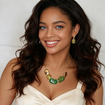 Vintage Statement Jewelry Set - Chunky Flower Floral Plant Geometric Resin Bib Necklace Earring Set Bohemian Boho Crystal Rhinestone Fashion Jewelry for Women Bridal Party Prom Unique Gift - style: MLJS2608-Green